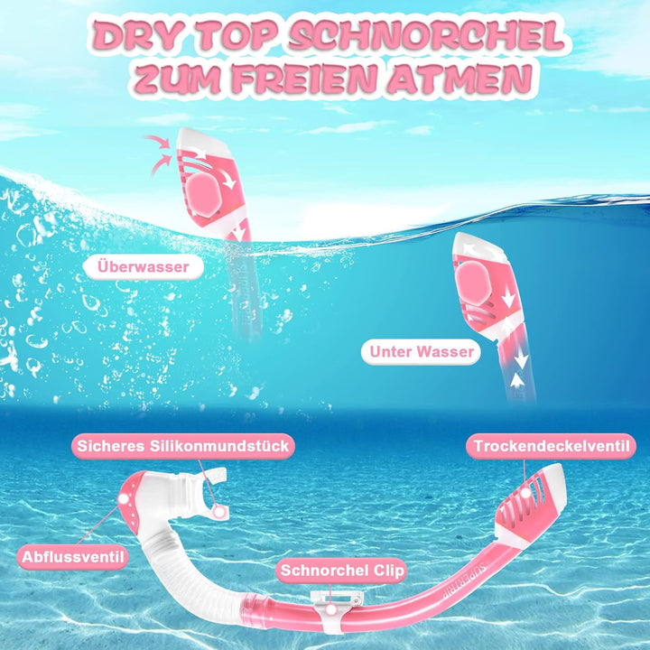 Supertrip Kinder Schnorchelset 3-teilig, Schnorcheln Set mit Flossen, Taucherbrille mit Tempered Gla