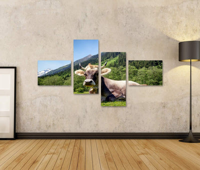 Bild auf Leinwand Kuh An Der Alpen Wandbild Poster Kunstdruck Bilder Format: 150x80cm - 4 Teile, For