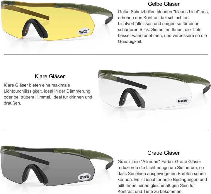 Feyachi Schiessbrille mit 3 Austauschbaren Gläsern, Schutzbrille Schlagfester Augenschutz, UV-400-S