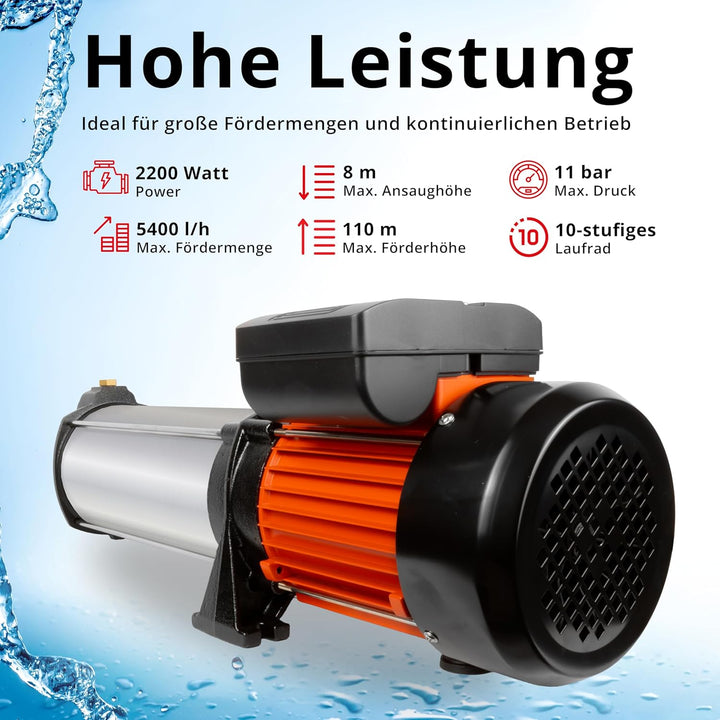 Grafner Premium Kreiselpumpe 10 Stufen, 5400 l/h 2200 Watt, 11 bar, Förderhöhe 110m, Ansaughöhe 8m,