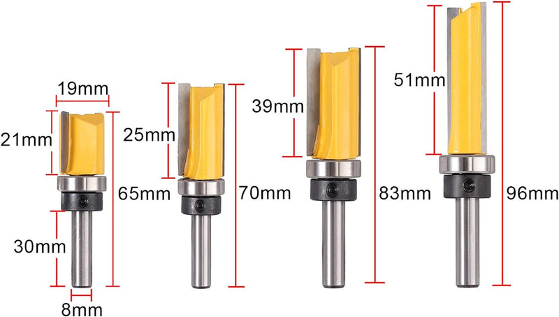 AUTOUTLET 4pcs Bündigfräser mit 8mm Schaft, Kopierfräser Oberfräser Nutfräser Stabfräser, aus Stahl,