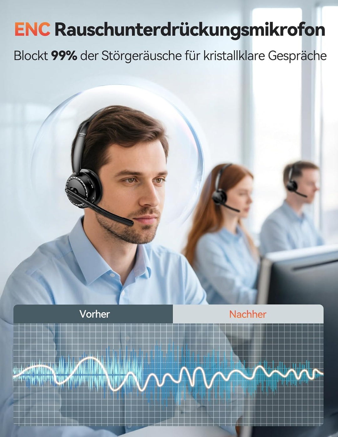 TECKNET V5.3 Bluetooth Headset mit Mikrofon, Wireless Headset mit AI Noise Cancelling Mikrofon, Lade