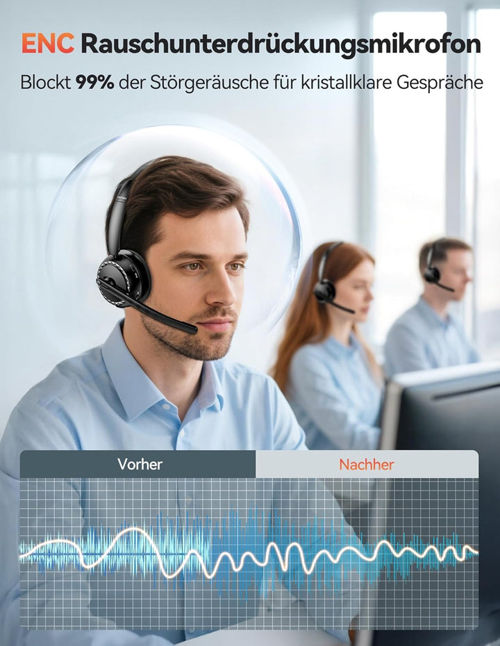 TECKNET V5.3 Bluetooth Headset mit Mikrofon, Wireless Headset mit AI Noise Cancelling Mikrofon, Lade