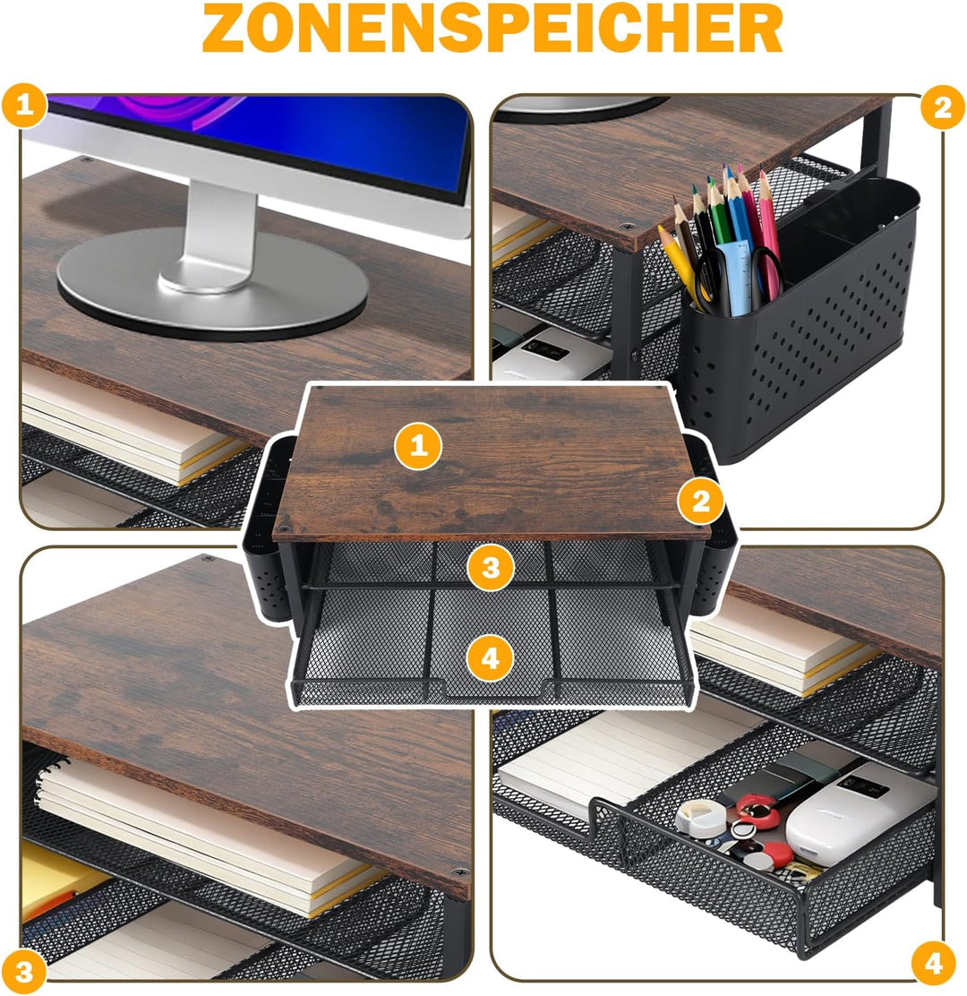 Monitorständer mit Schublade und 2 Stifthaltern, Schreibtisch-Organizer 40 × 25.5 × 15.5 cm Bildschi