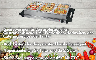 Buffetwärmer | Warmhalteplatte | Speisewärmer | 300 Watt | 4 Speisebehälter | Buffet Wärmer | Speise