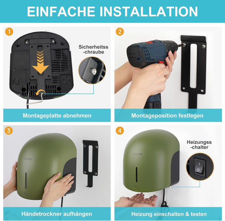 AIKE GentleAir Warmluft Handtrockner, Leise für Zuhause & Bäder, AC220V-240V, Wald Grün, Wald Gr
