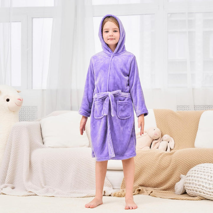 Weicher Bademantel mit Kapuze für Mädchen Fleece Morgenmantel Nachtwäsche Kinder 6-7 Jahre Lavendel,