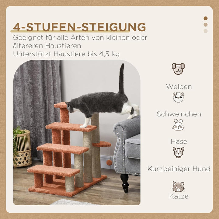 PawHut Katzentreppe 4 Stufen Tiertreppe Treppe für Katze mit Kratzsäulen Ball Haustiertreppe Hundetr