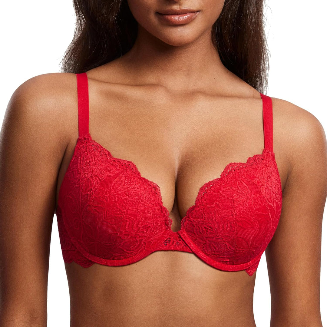 DOBREVA Damen Push Up BH Mit Spitze Gepolstert Plunge Bügel Vollschalen BHS Gemoldete Cups 90C Lippe