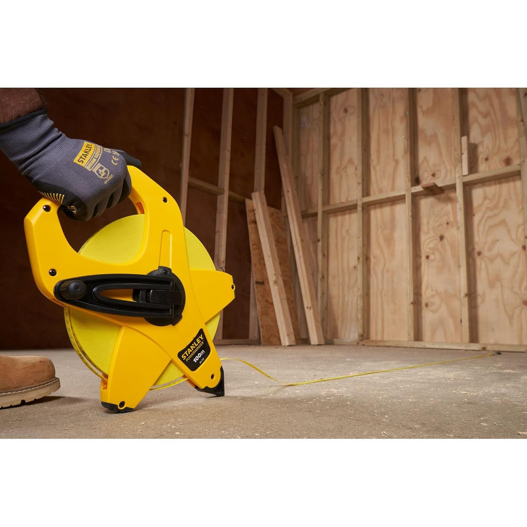 Stanley Rahmenbandmass Power Winder Fiberglas (100 m Länge, 13 mm Breite, ergonomisch, Genauigkeitsk