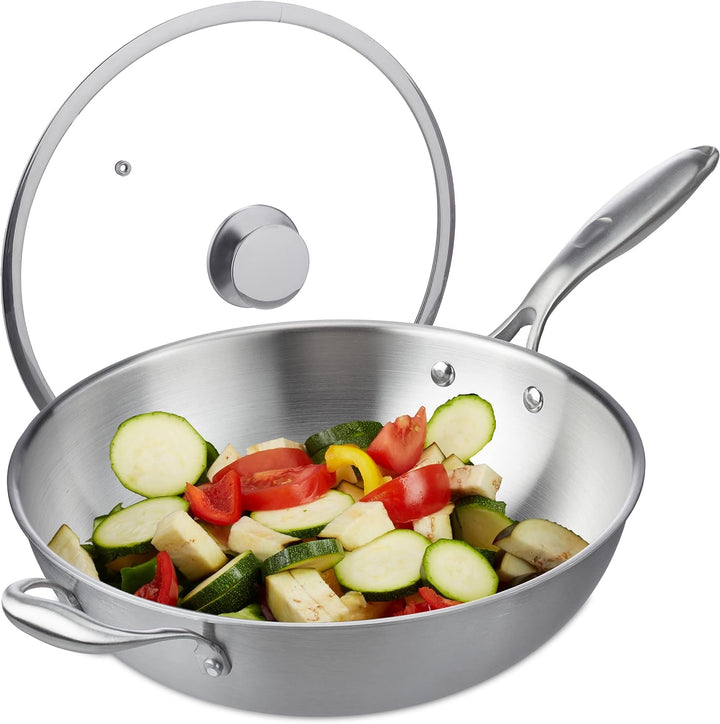 Relaxdays Wok, Ø 32 cm, Edelstahl unbeschichtet, Glasdeckel, Gas-, Elektro-, Induktionsherd, Wokpfan