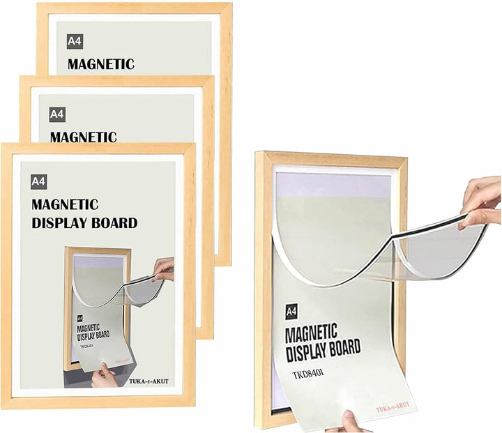 TUKA [4er] A4 Wechselrahmen Holz Natur mit Magnetverschluss, Acryl Info-Rahmen Plakatrahmen Posterra