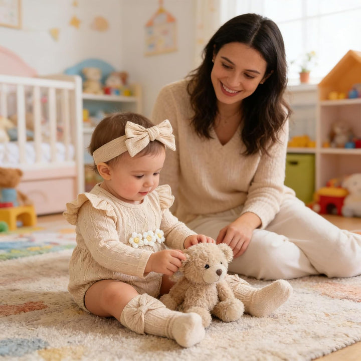Kunyeah 3Pcs Baby Mädchen Outfits Kleinkind Ruffle Strampler Langarm Bodysuit+Bow Haarband+Socken Ne