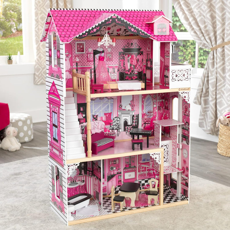 KidKraft Amelia Puppenhaus aus Holz mit Möbeln und Zubehör, Spielset mit Balkon und Aufzug für 30 cm