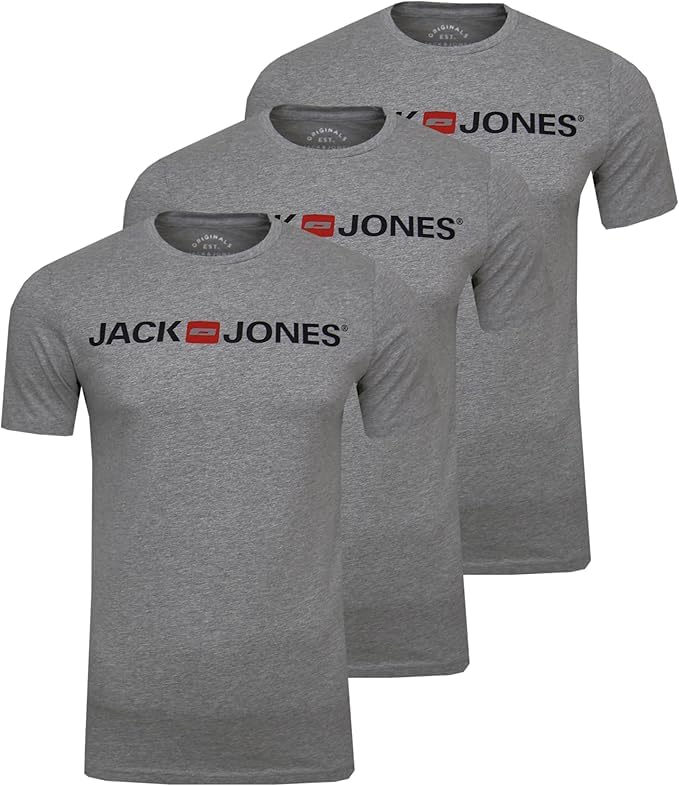 JACK & JONES Herren T-Shirt (3er Pack) S Grau (Light Grey Melange Fitslim Jorthe Logo), S Grau (Ligh