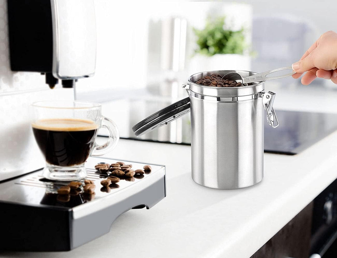 Rosenstein & Söhne Edelstahl Dose: 2er-Set Kaffeedosen mit Kalenderblatt, C02-Freigabeventil & Messl