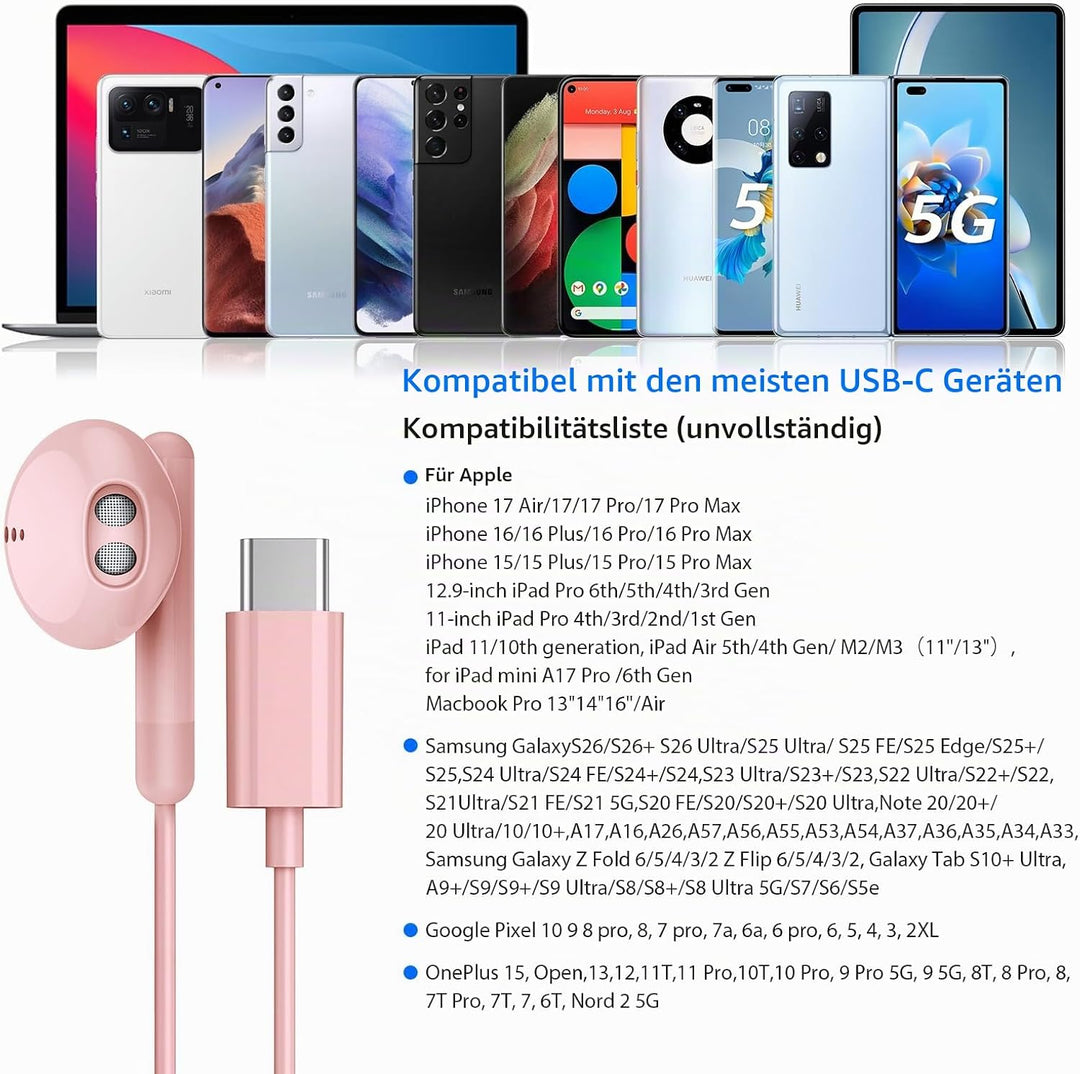 USB C Kopfhörer für iPhone 17 Air 16 15 Plus Pro Max iPad Pro In-Ear Kopfhörer mit Kabel USB C, Mikr