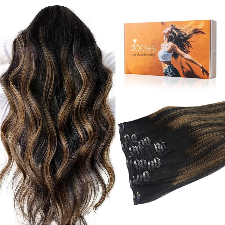 DOORES Haarverlängerungen Clip in Extensions Echthaar, Balayage Natürliches Schwarz bis Chestnut Bra