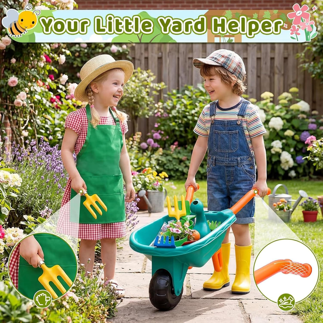 deAO Gartenset Kinder, Gartengeräte Spielzeug mit Schubkarre, Schaufel, Rechen, Blumentöpfe, Handsch