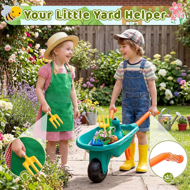 deAO Gartenset Kinder, Gartengeräte Spielzeug mit Schubkarre, Schaufel, Rechen, Blumentöpfe, Handsch
