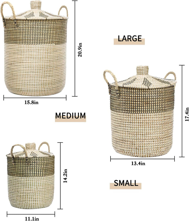 Wäschekorb mit Deckel | 3 Stück von 76L+43L+26L | Korb Geflochten aus Seegras | Innere Beutel | Hand