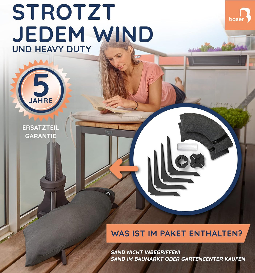 Balkon-Sonnenschirmständer von Baser mit befüllbaren Sandsäcken als Gewichte (20 bis 50 kg), für Sch