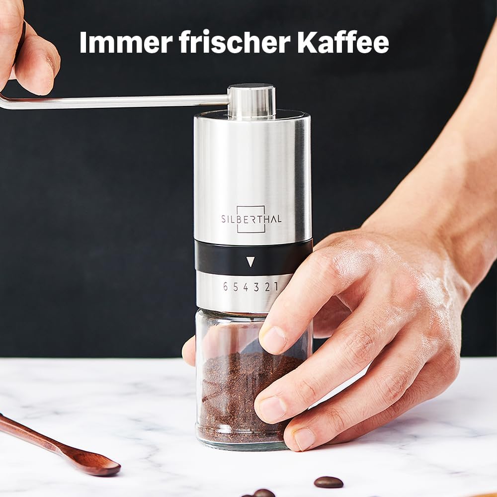 SILBERTHAL Kaffeemühle Manuell Kegelmahlwerk - Verstellbarer Mahlgrad - Handmühle aus Edelstahl und