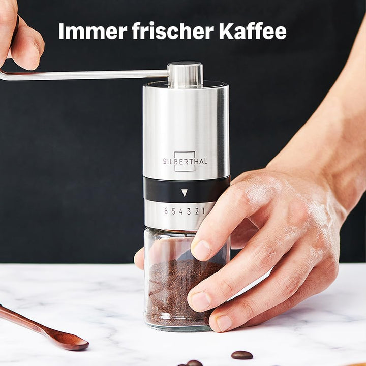 SILBERTHAL Kaffeemühle Manuell Kegelmahlwerk - Verstellbarer Mahlgrad - Handmühle aus Edelstahl und