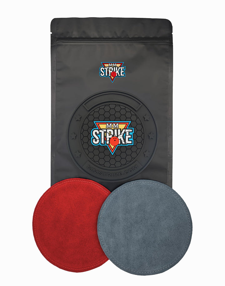 MMSTRIKE 2x Bowling Shammy Leather Pad+Black GripFlex Rubber Base Disc-Hook & Loop System.Oil Remova