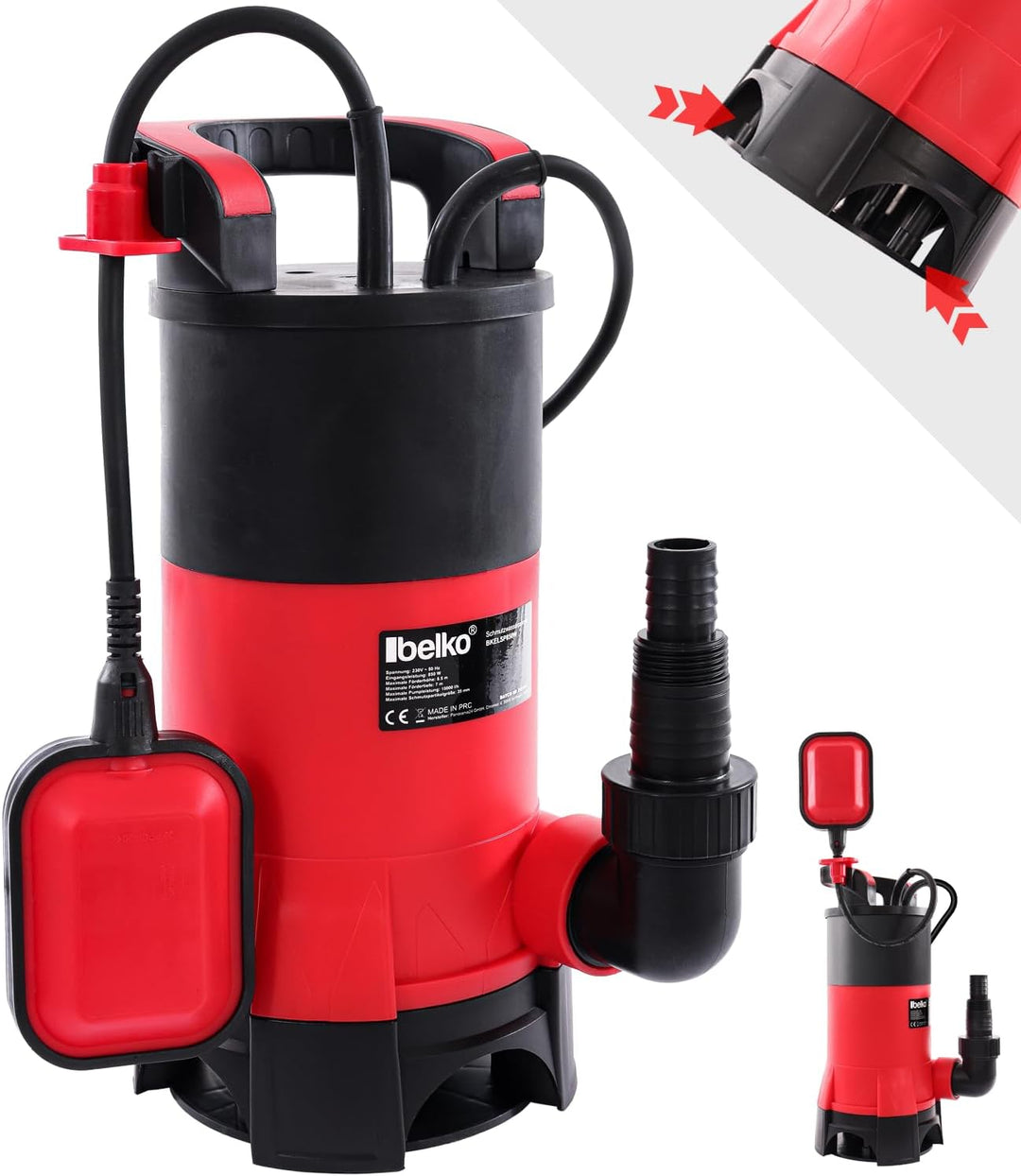 Schmutzwasserpumpe BKELSP850W (850 W, Ø35 mm Fremdkörper, 15.000 L/h Fördermenge, Schwimmerschalter,