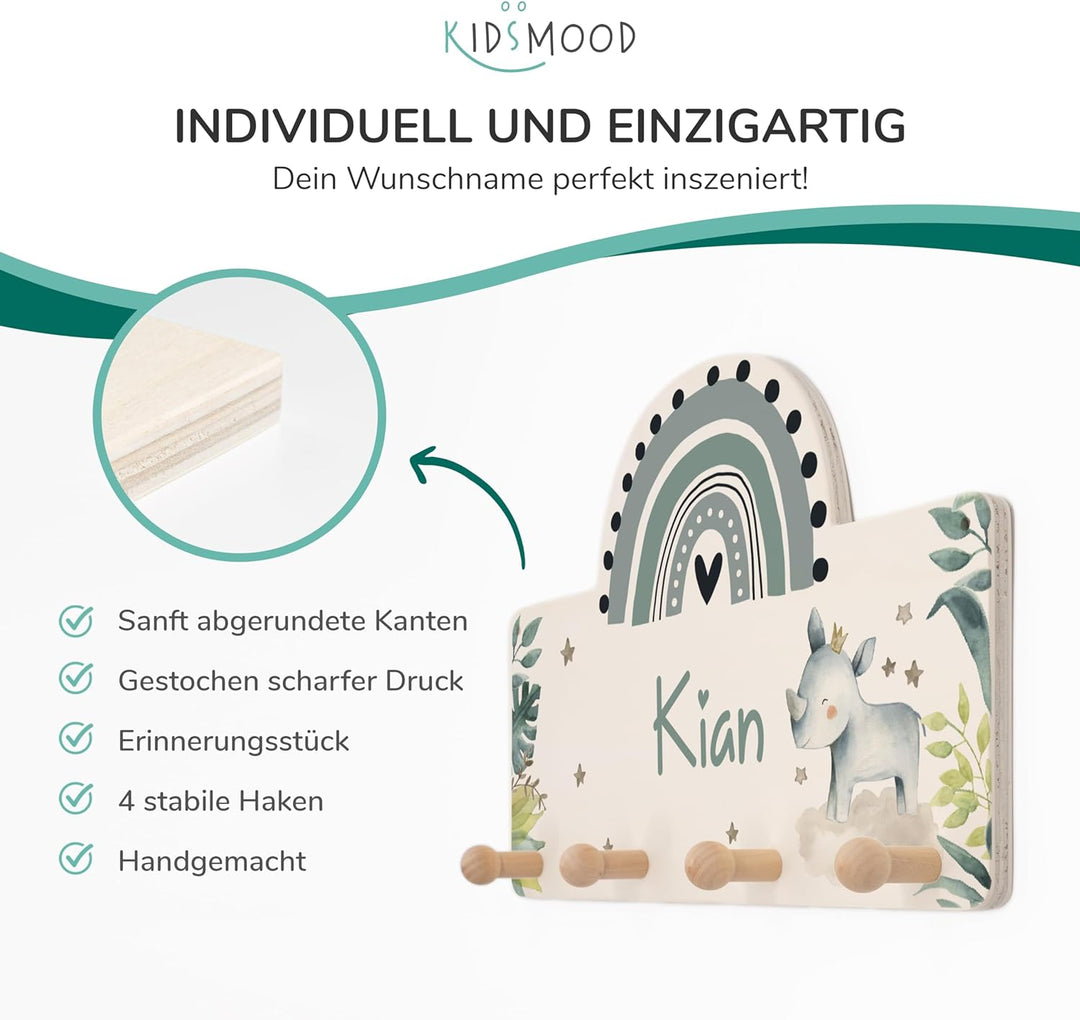 KIDSMOOD Personalisierte Wand-Garderobe mit Wunschnamen, Kleiderhaken aus Holz mit süssem Tier-Motiv