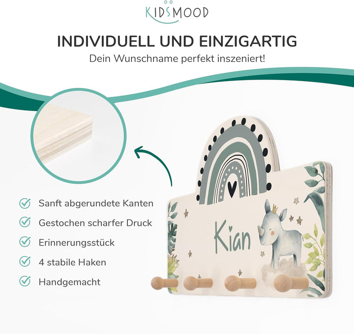 KIDSMOOD Personalisierte Wand-Garderobe mit Wunschnamen, Kleiderhaken aus Holz mit süssem Tier-Motiv