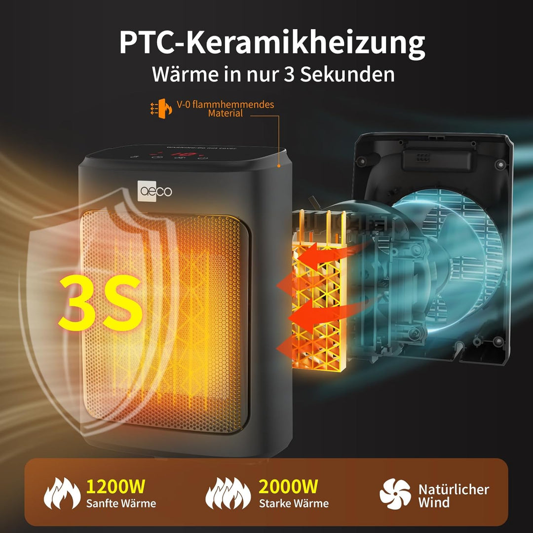 aeco EcoHeat Core 2000W Heizlüfter Energiesparend klein LED Touch ECO-Modus leise Mini Heater 24 Std