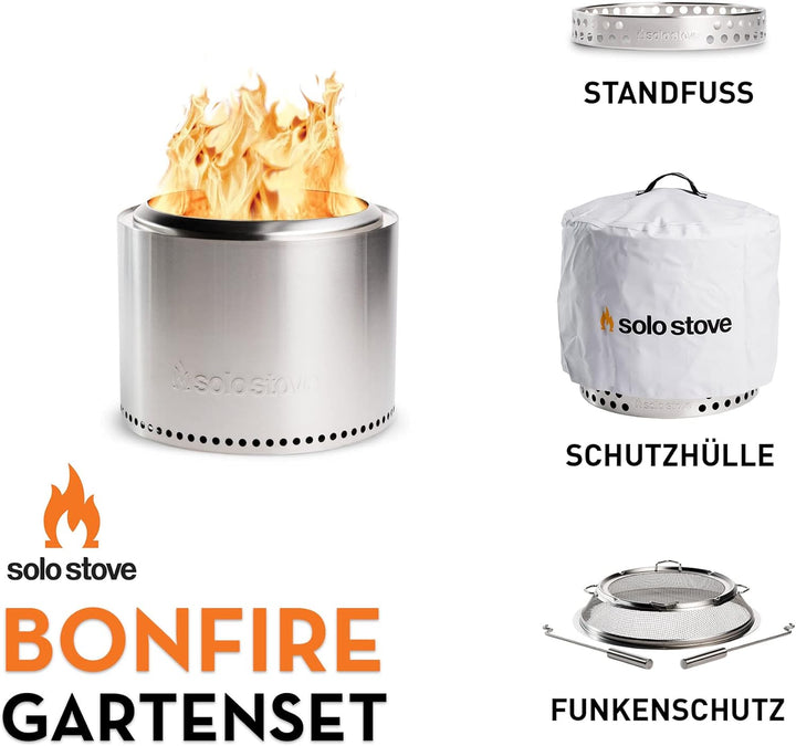 Solo Stove Feuerschale „Bonfire“ - Outdoor-Kamin aus Edelstahl, rauchfrei - Set mit Standfuss, Funke