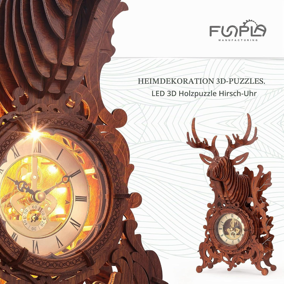 FUNPOLA LED 3D Holzpuzzle Hirschuhr, 3D Puzzle Elchuhr Gebäudemodell, Wohnkultur 3D Puzzle für Erwac