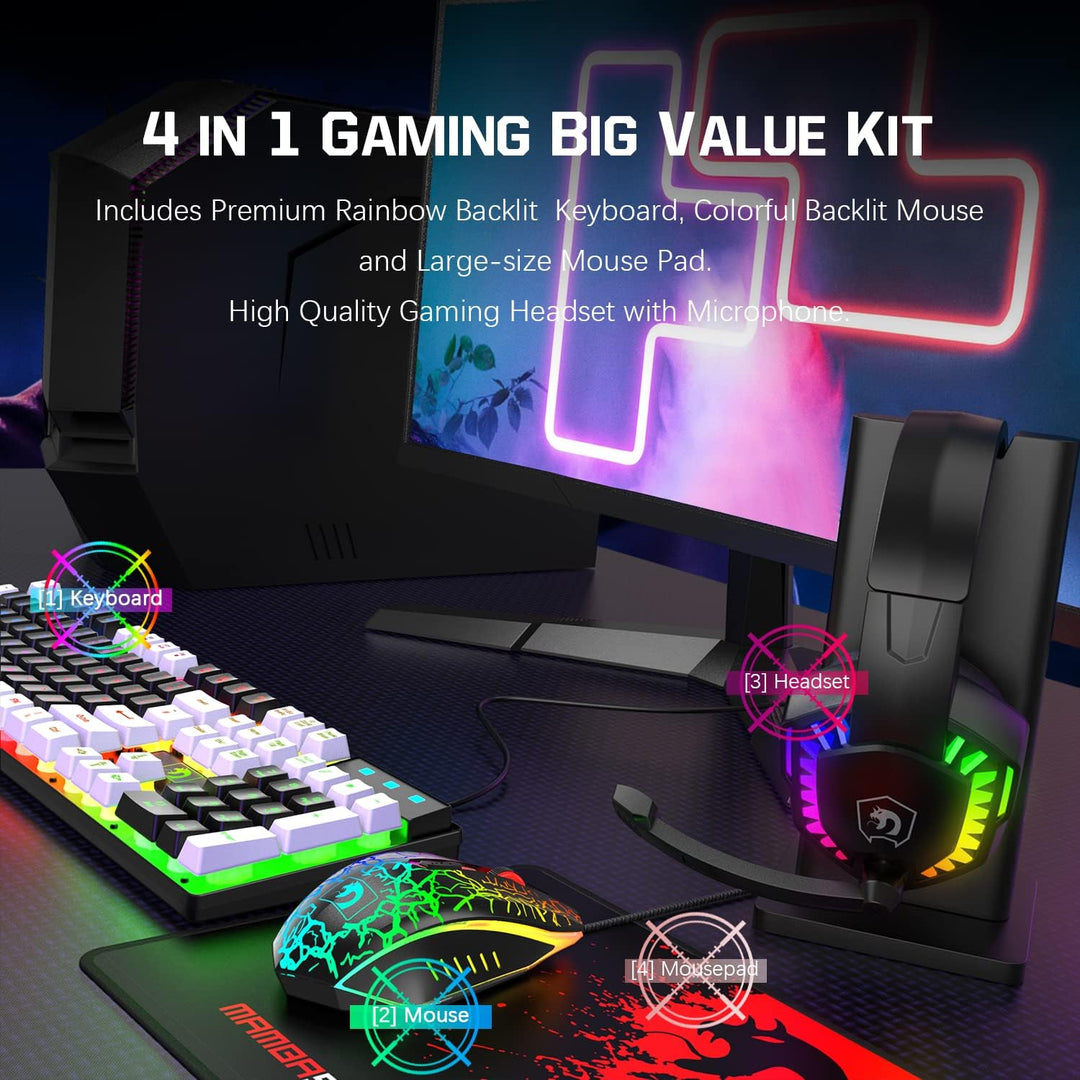 Kabelgebundene Gaming-Tastatur, Maus und Mauspad und Gaming-Headset, Regenbogen-LED-Hintergrundbeleu