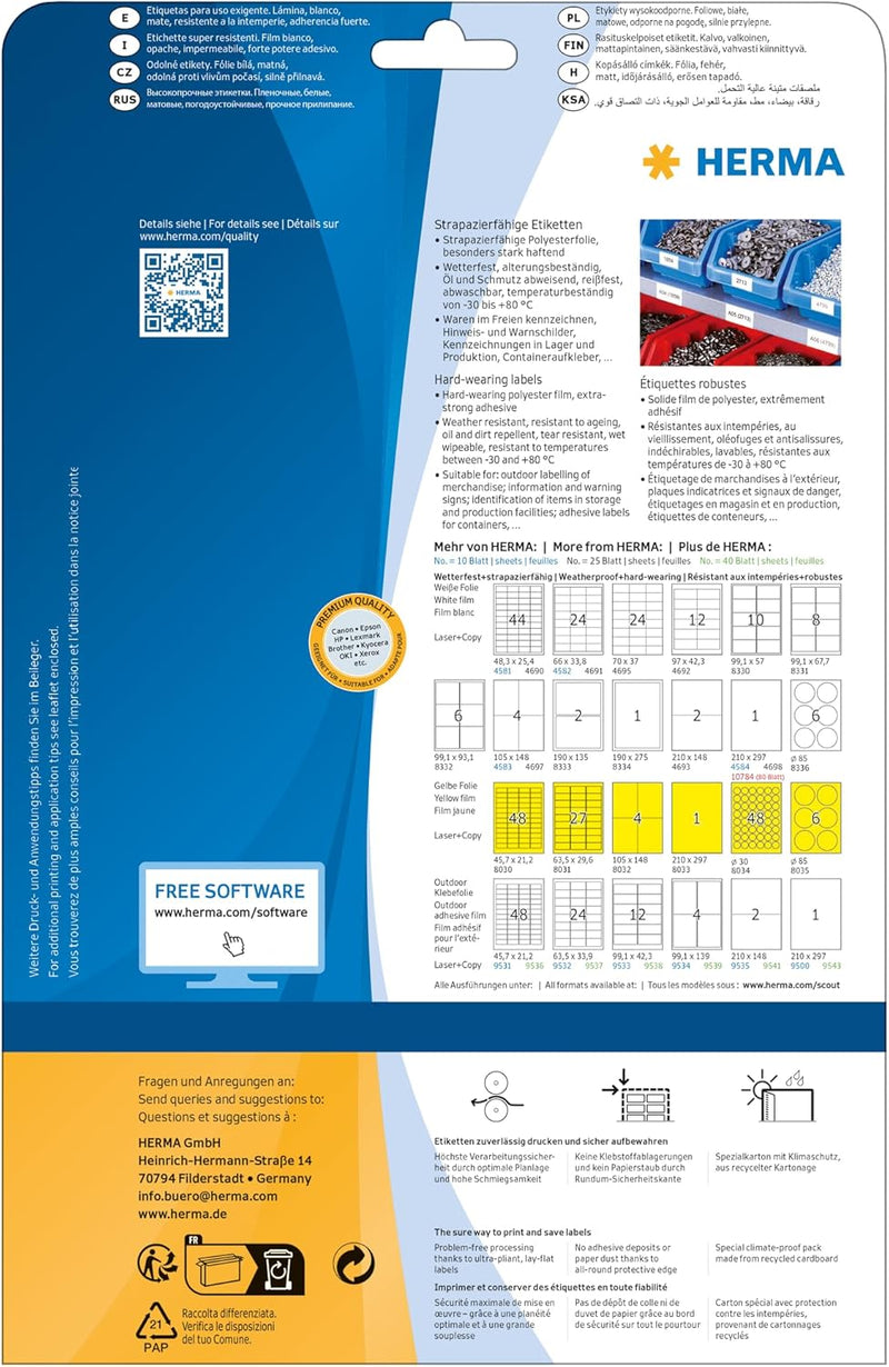 HERMA 4690 Wetterfeste Folienetiketten, 25 Blatt, 48,3 x 25,4 mm, 44 Stück pro A4 Bogen, 1100 Aufkle