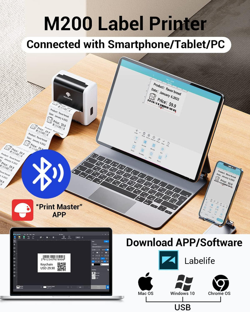Memoking Beschriftungsgerät Selbstklebend, M200 Etikettendrucker Bluetooth, 3 Zoll Thermo Etikettier