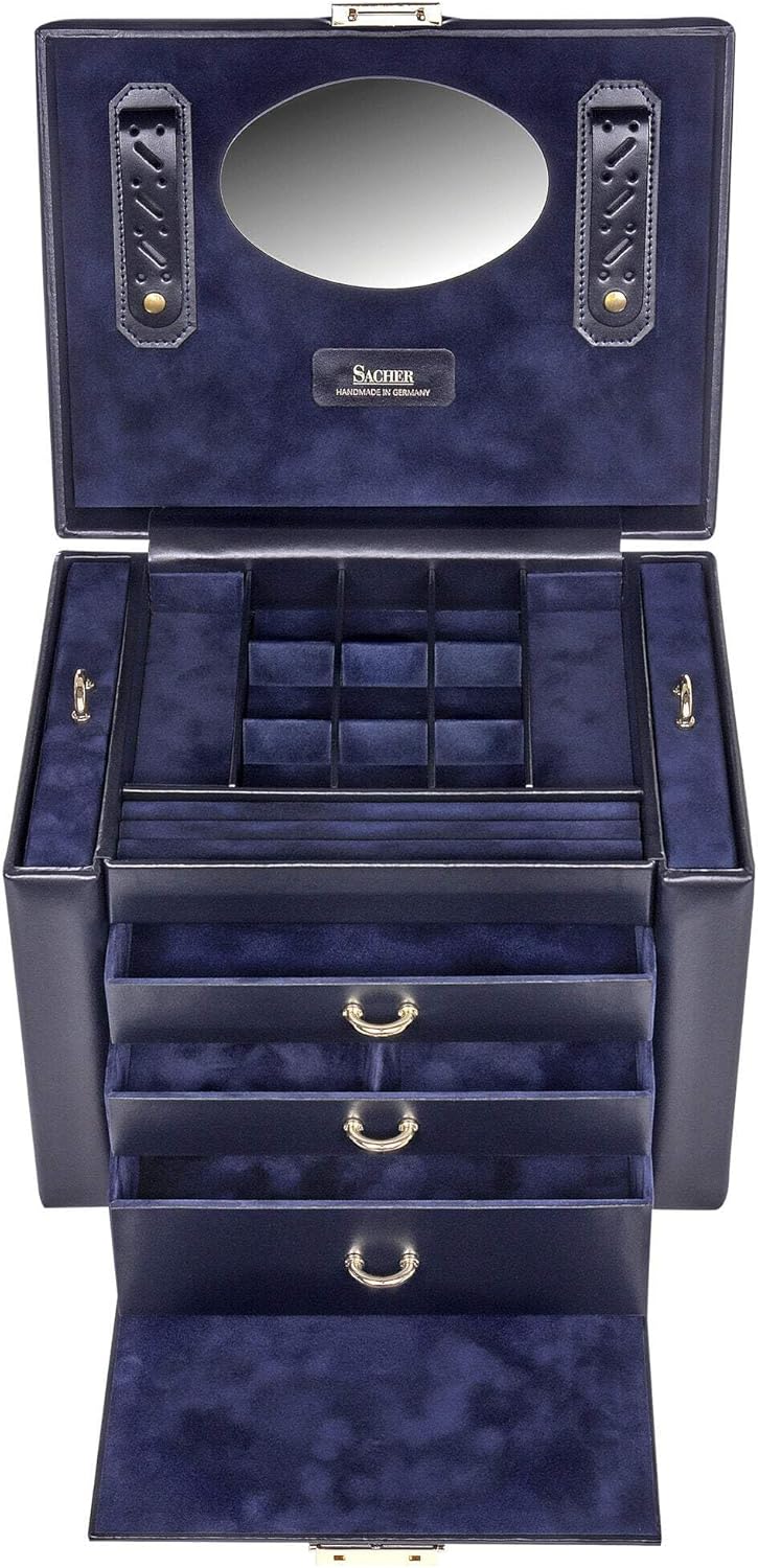 SACHER Schmuckkasten Marta - Handmade in Germany - Breite 27 cm (navy | acuro | Leder), Navy | Acuro
