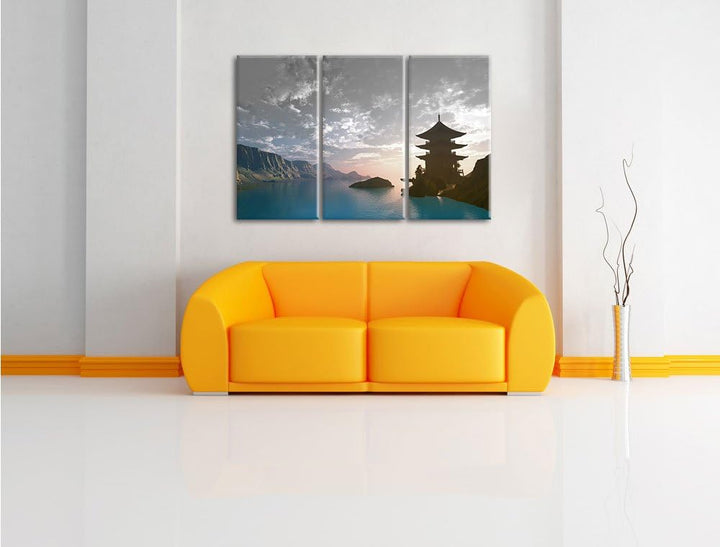 Pixxprint Tempel in Tal / 3-Teilig/Gesamtmass 120cm Leinwandbild bespannt auf Holzrahmen/Wandbild Ku