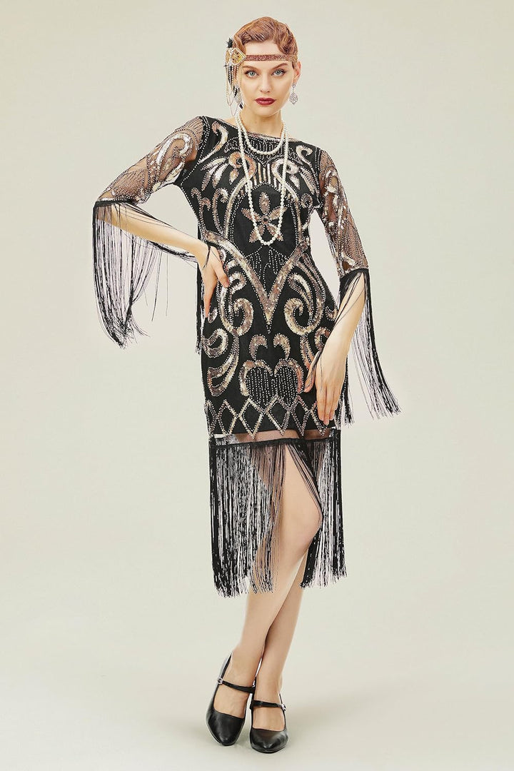 BABEYOND 1920er Jahre Flapper Kleid Lang Fransen Gatsby Kleid Roaring 20er Jahre Pailletten Perlen K