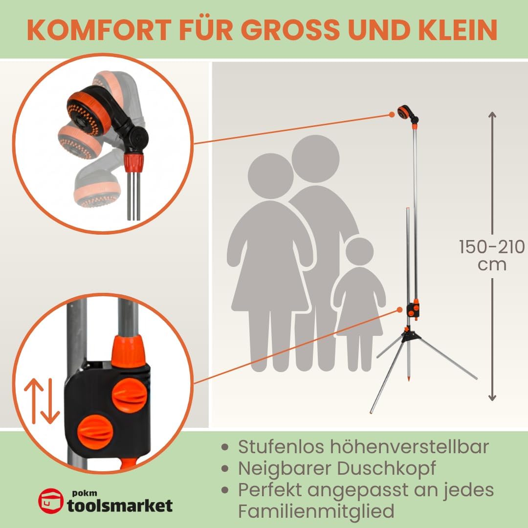 Verstellbare Gartendusche mit 3 Funktionen Höhe 150–210 cm | Tragbare 3in1 Aussendusche mit Alu-Drei