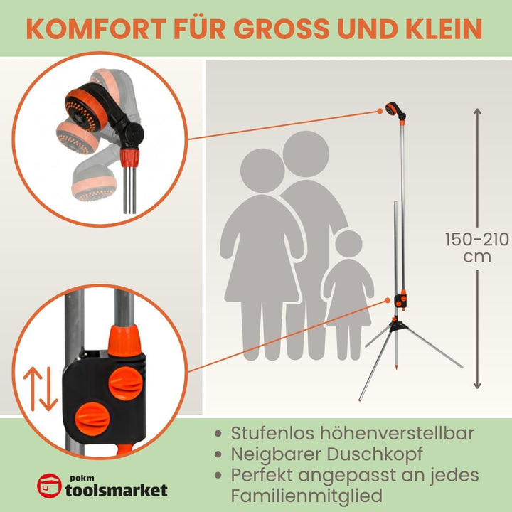 Verstellbare Gartendusche mit 3 Funktionen Höhe 150–210 cm | Tragbare 3in1 Aussendusche mit Alu-Drei