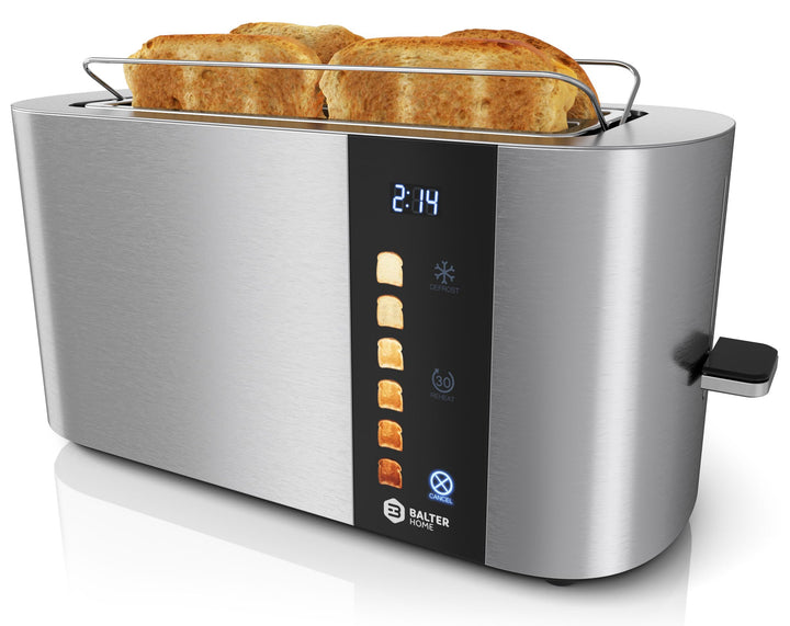 Balter Toaster 4 Scheiben, Touch Bedienung, Langschlitz, Edelstahl, Brötchenaufsatz, LCD Display Lan