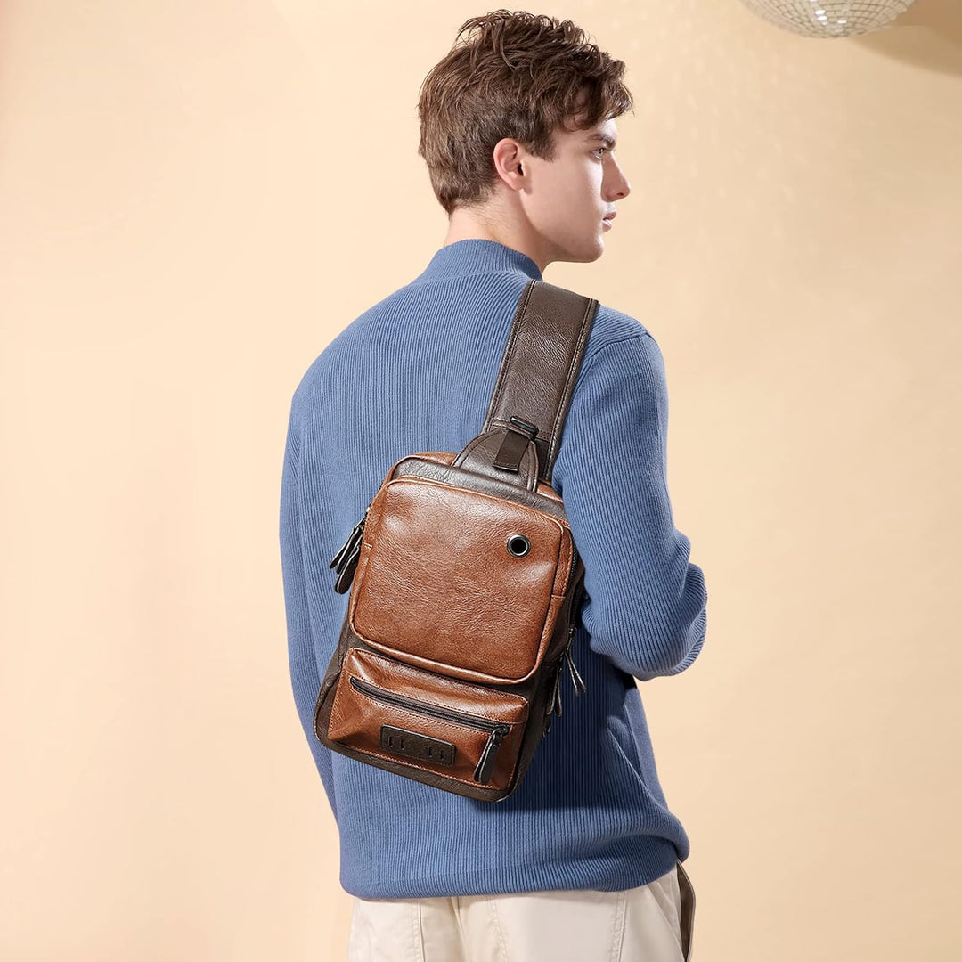 AONEGOLD Herren Brusttasche Vintage PU Leder Schultertasche Sling Chest Crossbody Bag Wasserdicht Le
