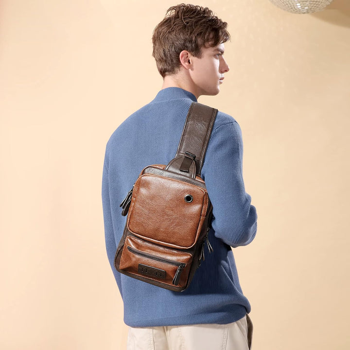 AONEGOLD Herren Brusttasche Vintage PU Leder Schultertasche Sling Chest Crossbody Bag Wasserdicht Le