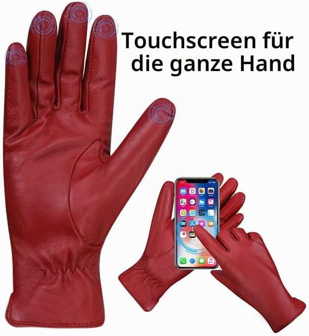 MGGMOKAY Damen Lederhandschuhe Kaschmir gefüttert XXL Rot (Touchscreen, Innenfutter aus Kaschmir), X