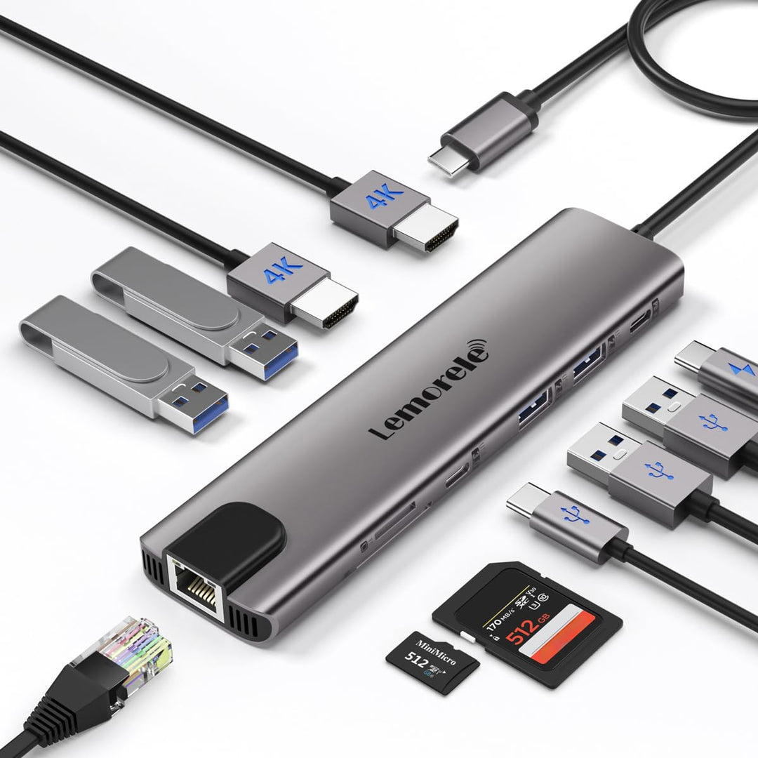 Aluminium Docking Station USB C Hub 2 HDMI, Gigabit Ethernet, 4 USB A, USB C 3.0, PD100W, SD TF, 100