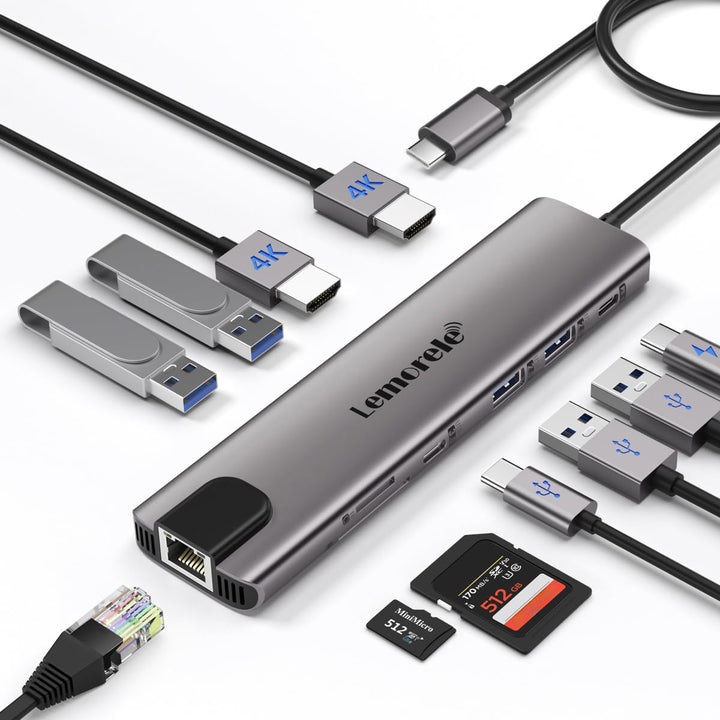 Aluminium Docking Station USB C Hub 2 HDMI, Gigabit Ethernet, 4 USB A, USB C 3.0, PD100W, SD TF, 100