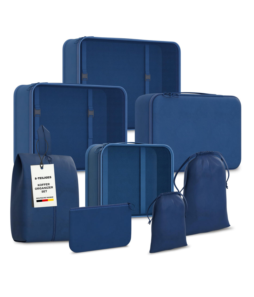 Yunik® Koffer Organizer Set 8-teilig Blau – Kompressionstaschen für Kleidung, Schuhe & Technik – Pac